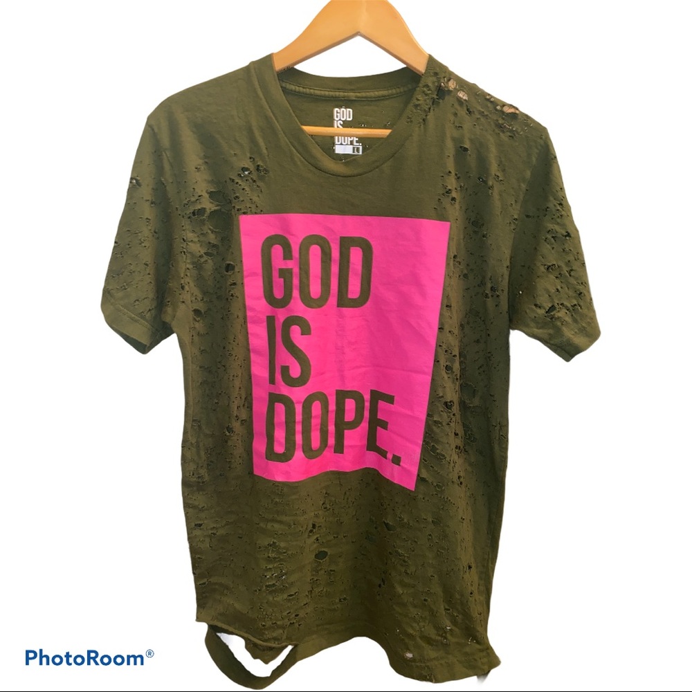 GOD IS DOPE Extremely Distressed Green T-shirt L